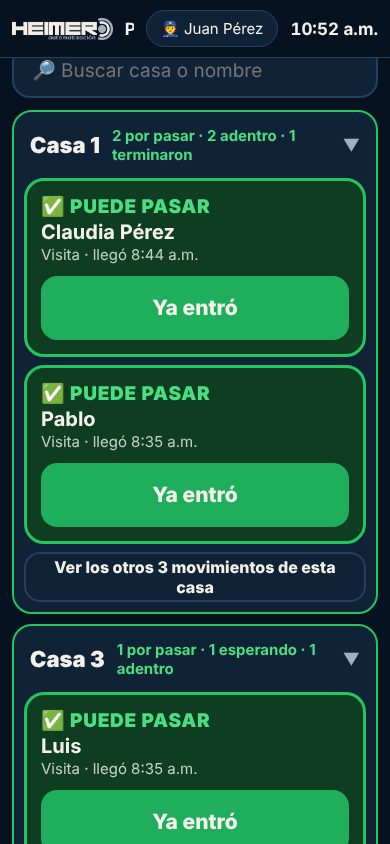 Pantalla de la caseta con visitas por casa y colores de estado