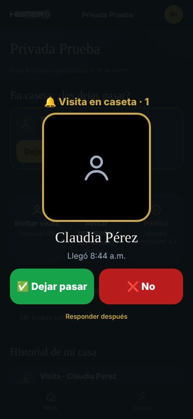 Alerta de visita en el celular del residente